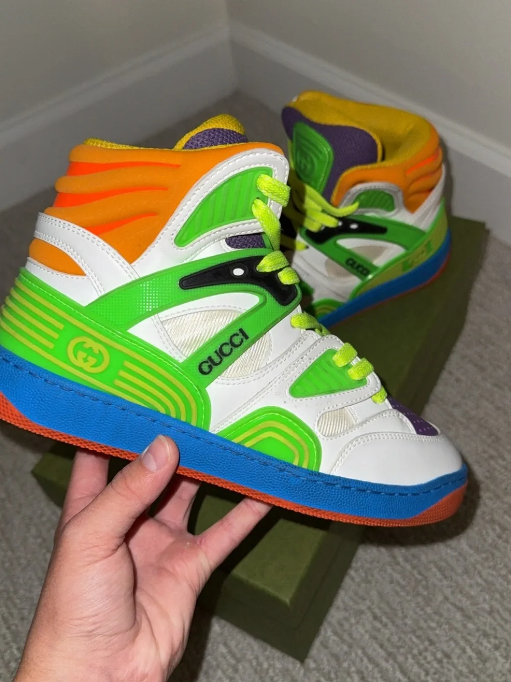 Gucci Kids Neon Green Orange Blue White High-Top Sneakers